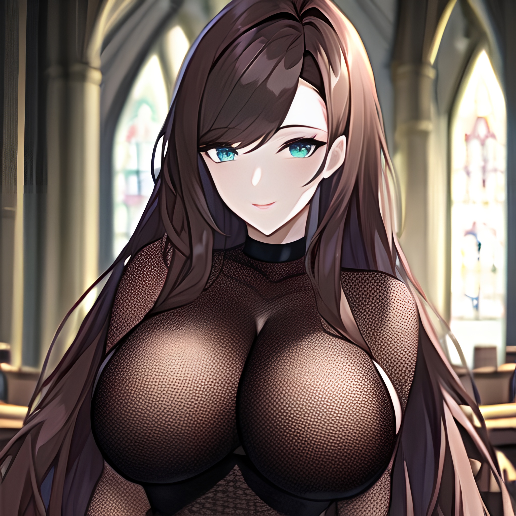 long hair woman fishnet messy hair church brunette 