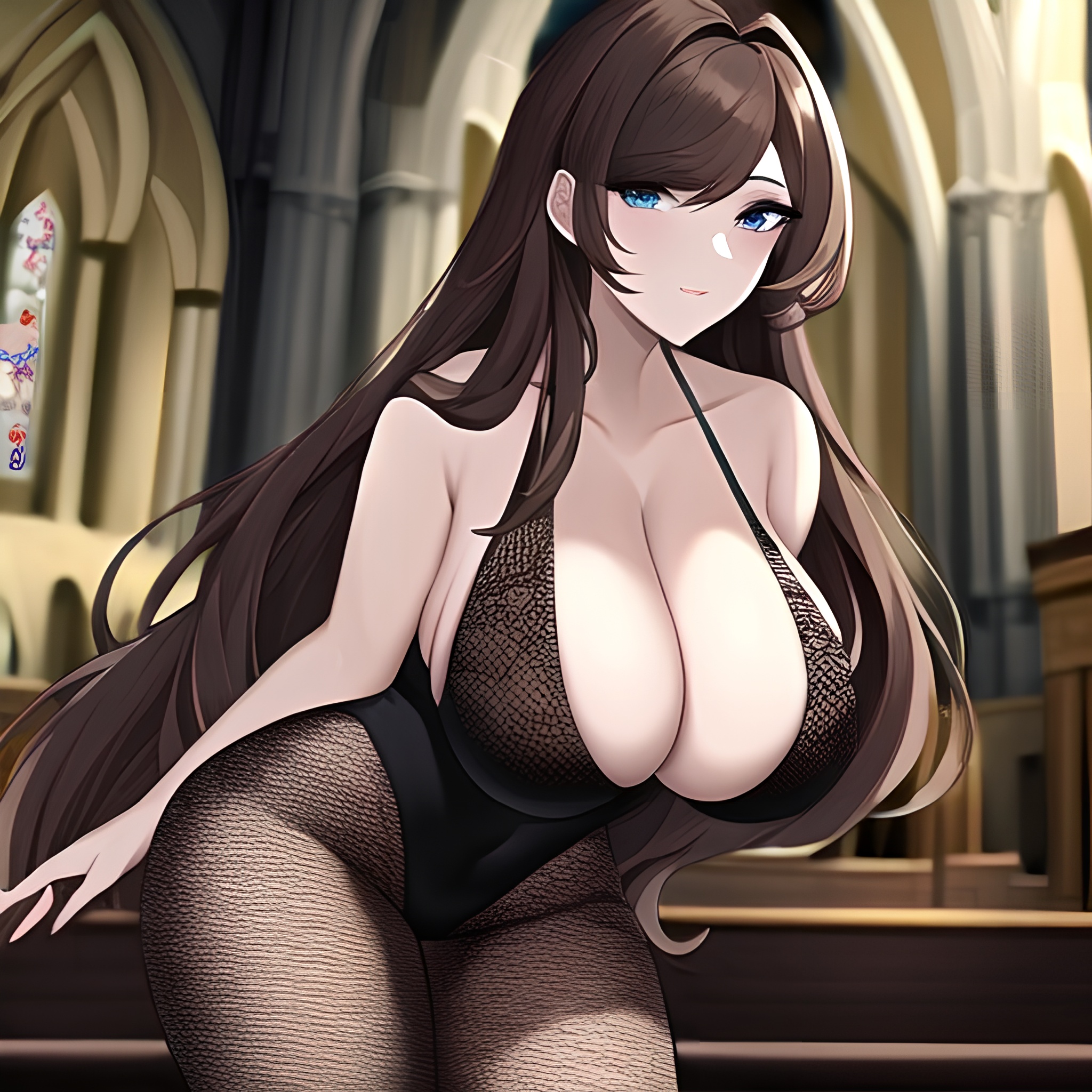 long hair woman messy hair brunette church fishnet 
