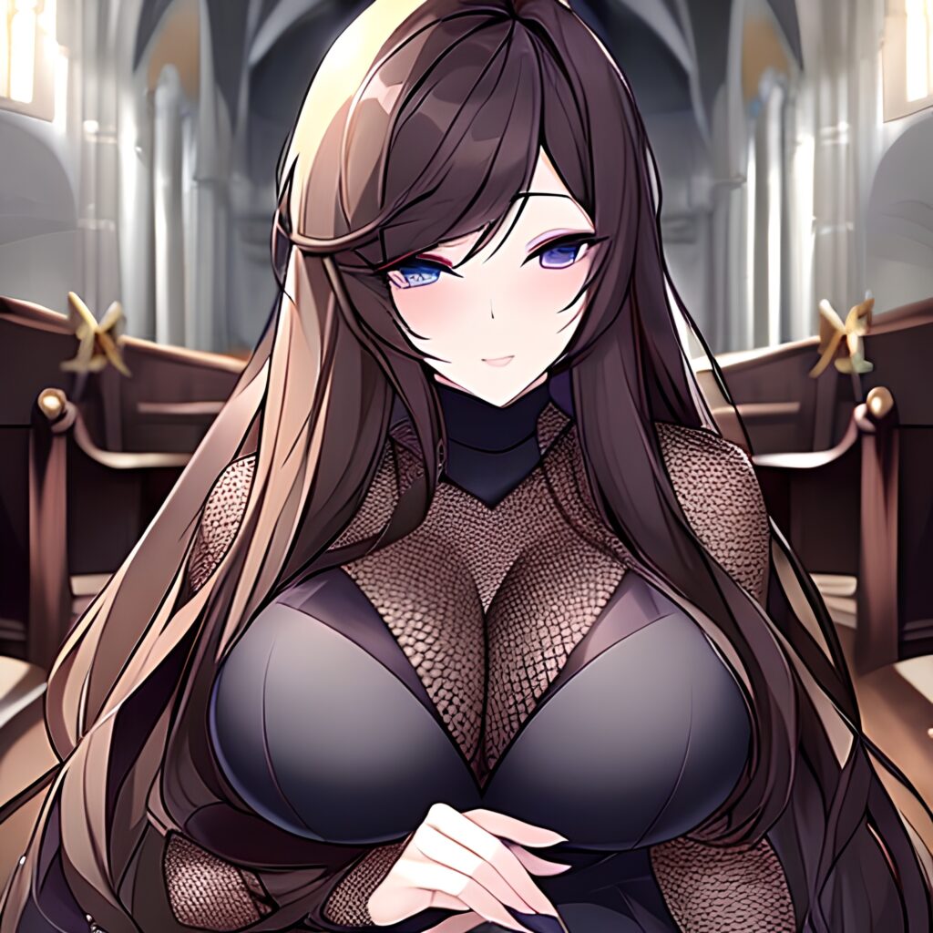 long hair woman messy hair brunette church fishnet 