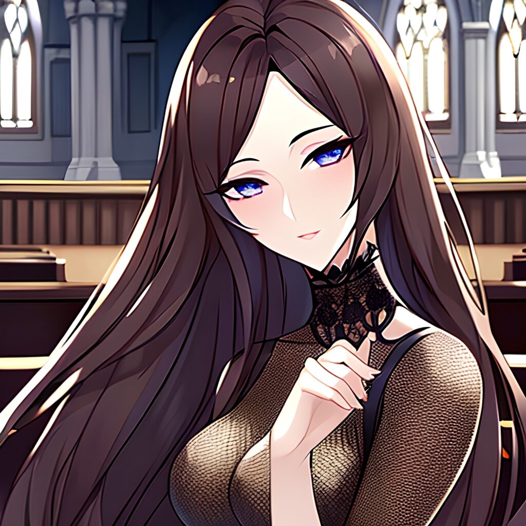 long hair woman messy hair brunette church fishnet 