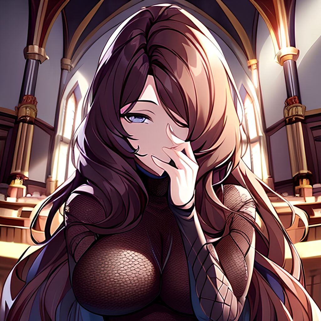 long hair woman messy hair brunette fishnet church 