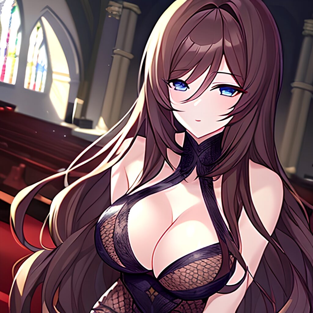 long hair woman messy hair brunette fishnet church 