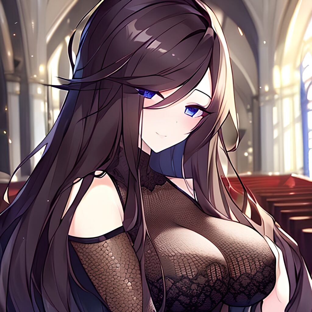 long hair woman messy hair brunette fishnet church 