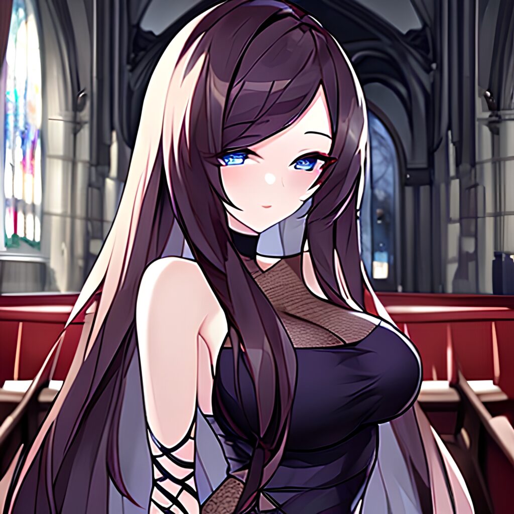 long hair woman messy hair brunette fishnet church 