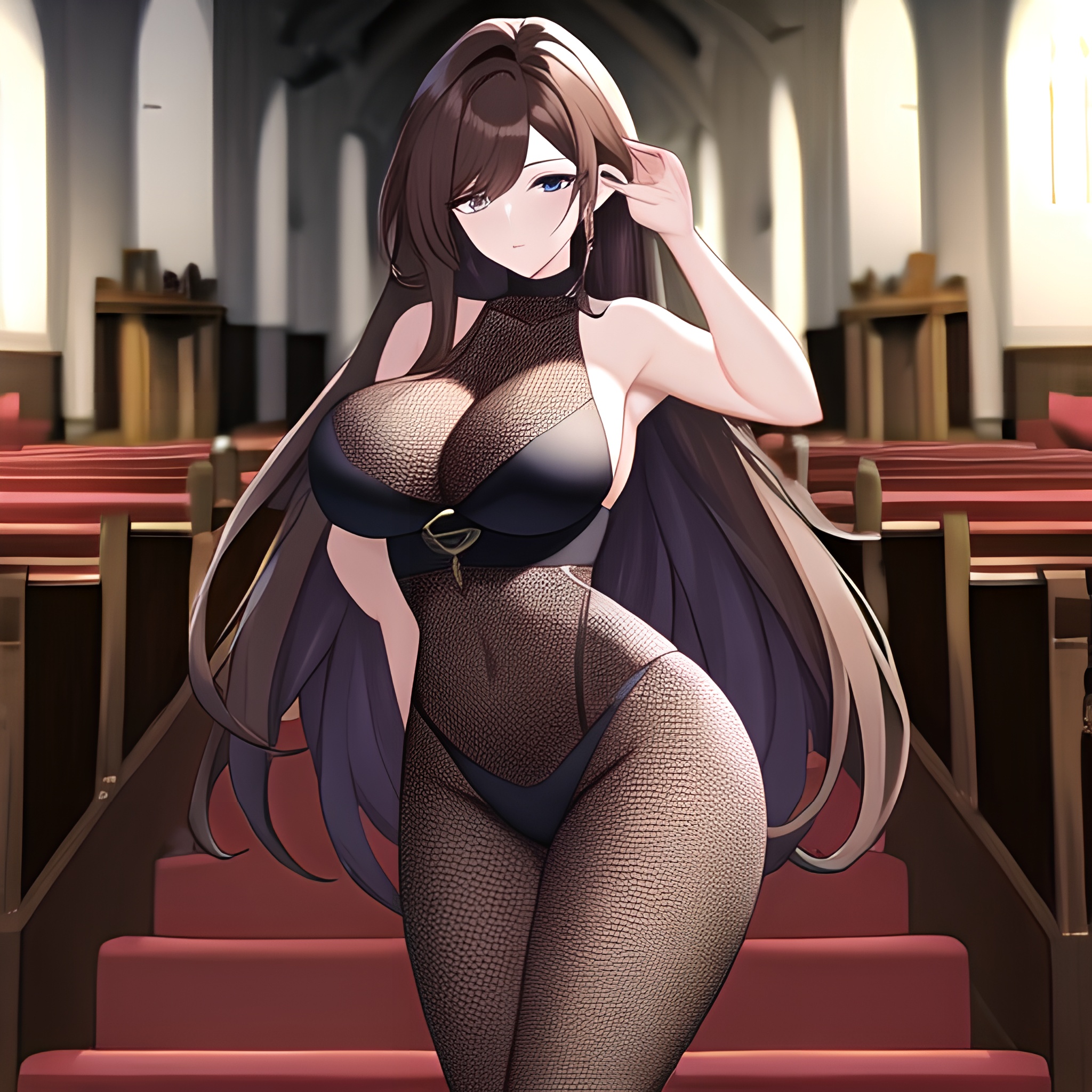 long hair woman messy hair church brunette fishnet
