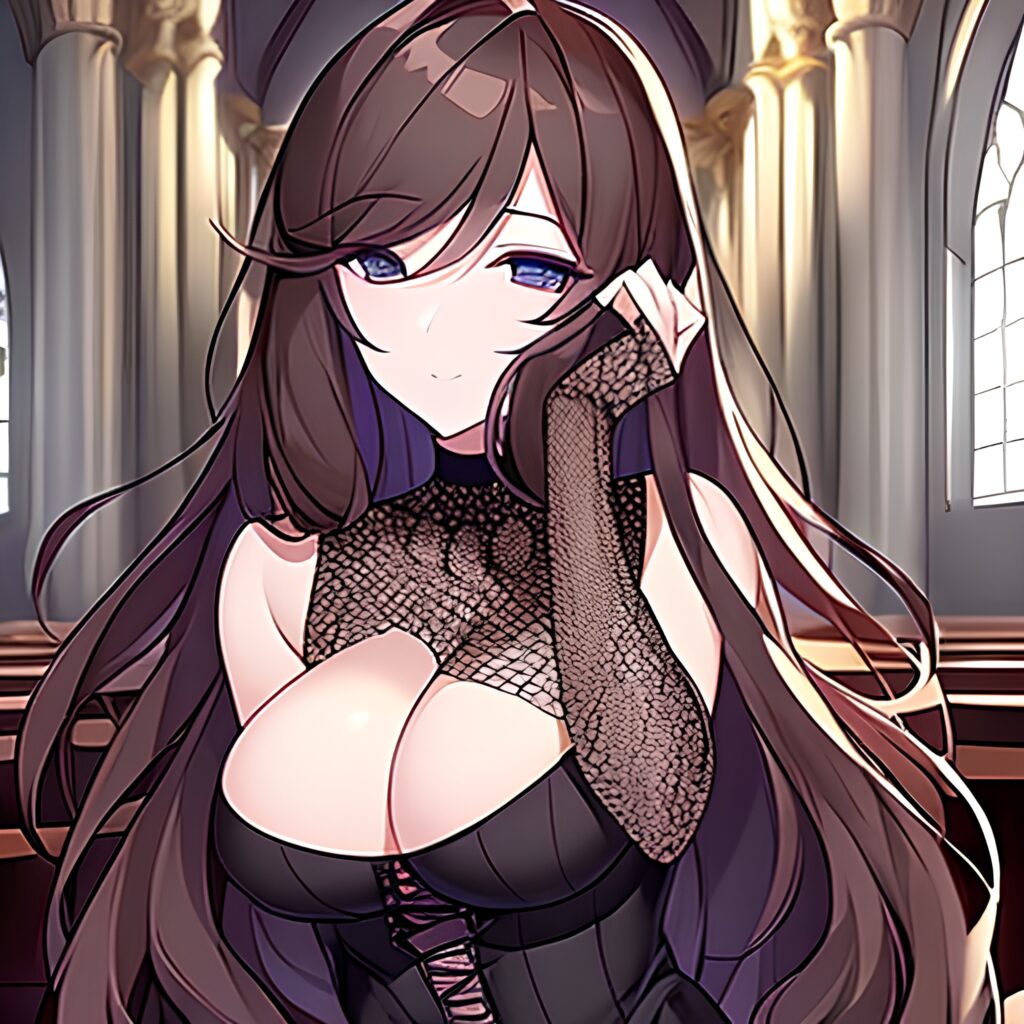 long hair woman messy hair church brunette fishnet
