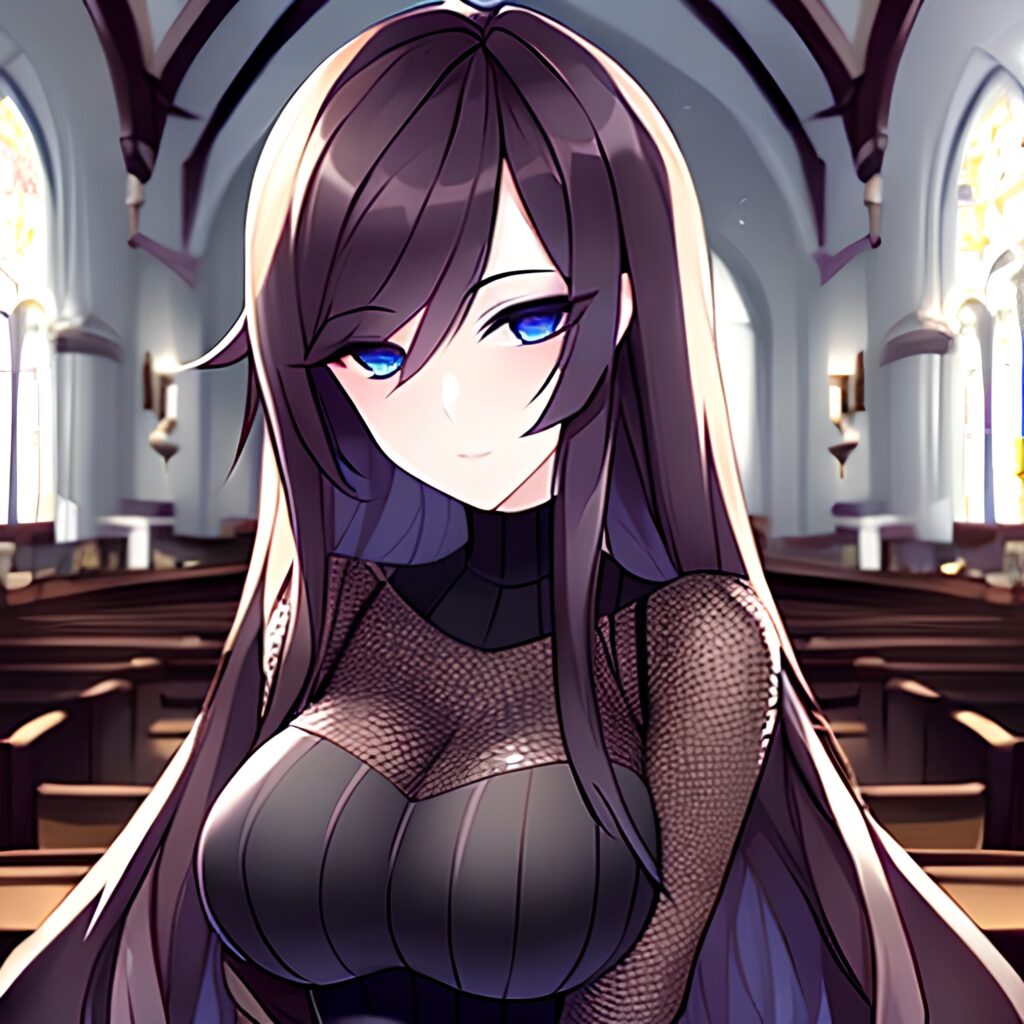 long hair woman messy hair church fishnet brunette