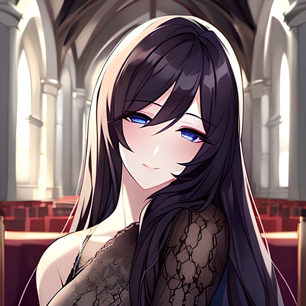 long hair woman messy hair church fishnet brunette