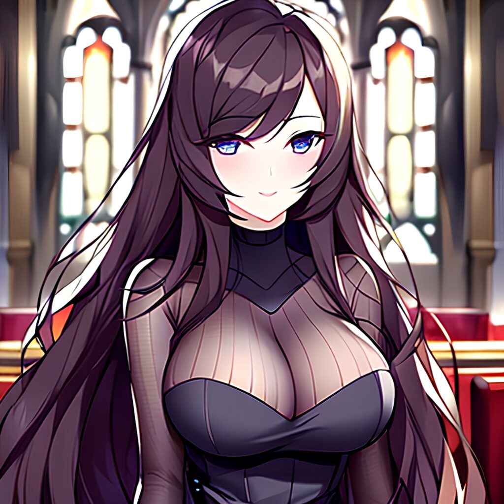 long hair woman messy hair church fishnet brunette