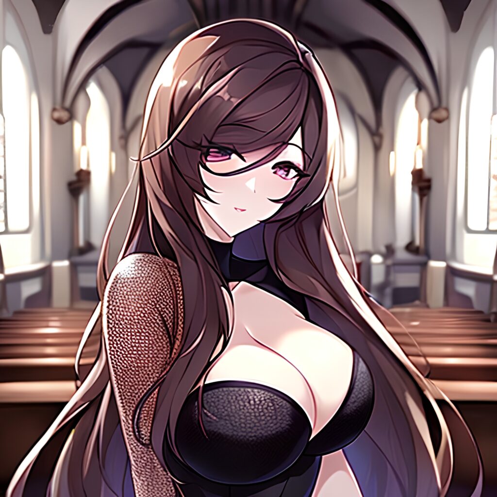 long hair woman messy hair church fishnet brunette 