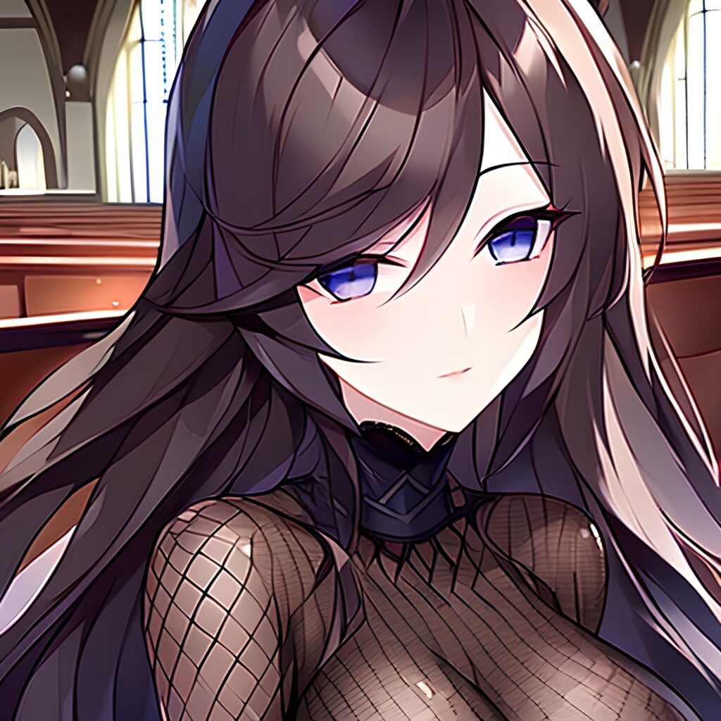 long hair woman messy hair church fishnet brunette