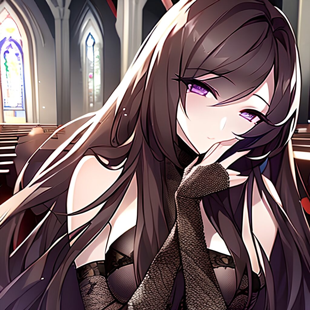 long hair woman messy hair fishnet brunette church 