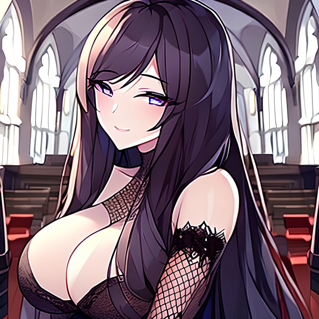 long hair woman messy hair fishnet brunette church 