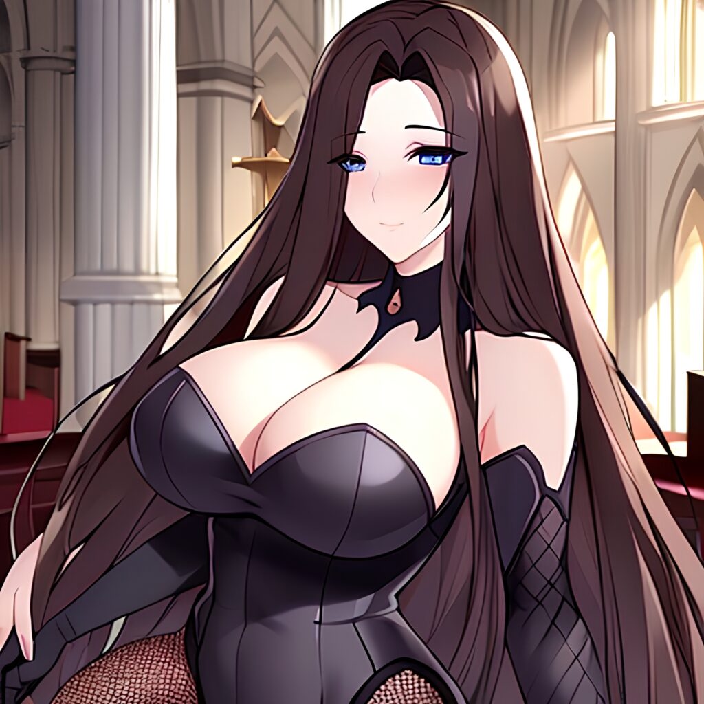 long hair woman messy hair fishnet brunette church