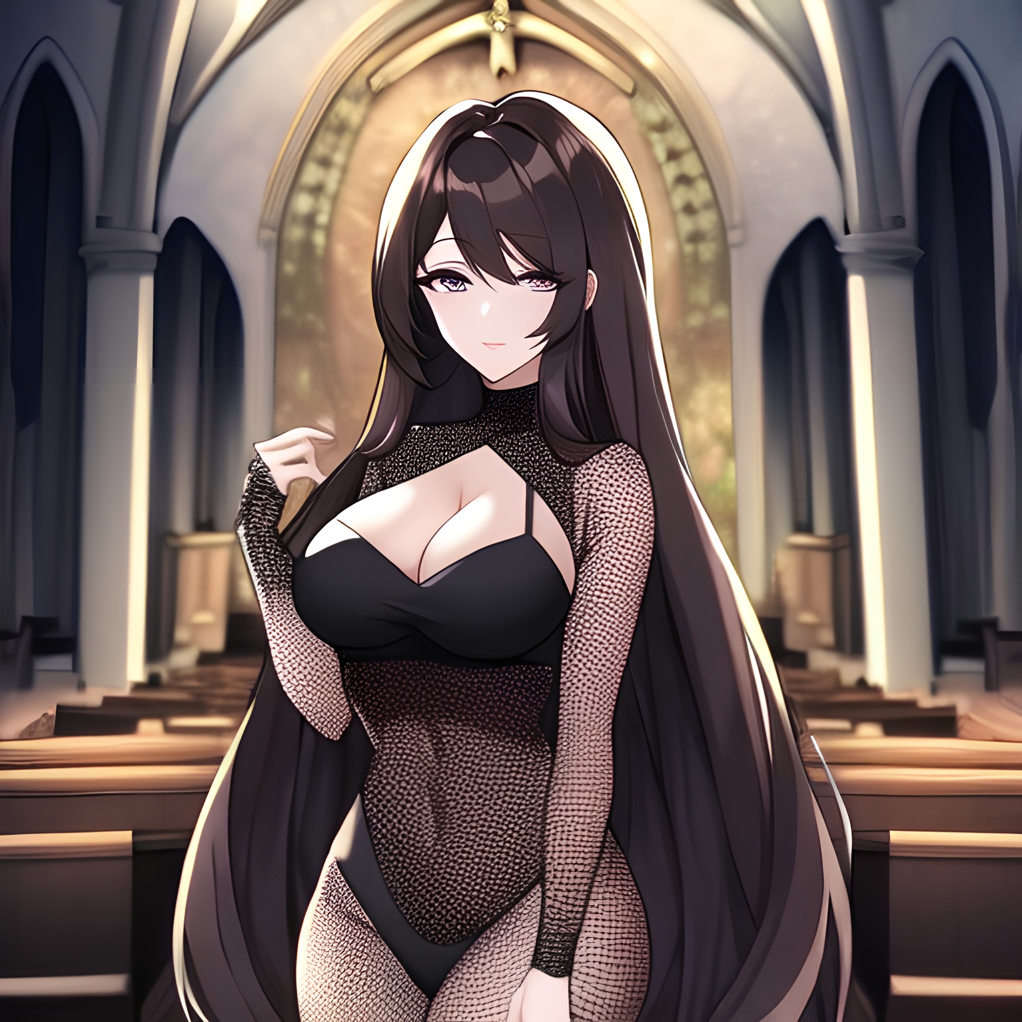 long hair woman messy hair fishnet brunette church 