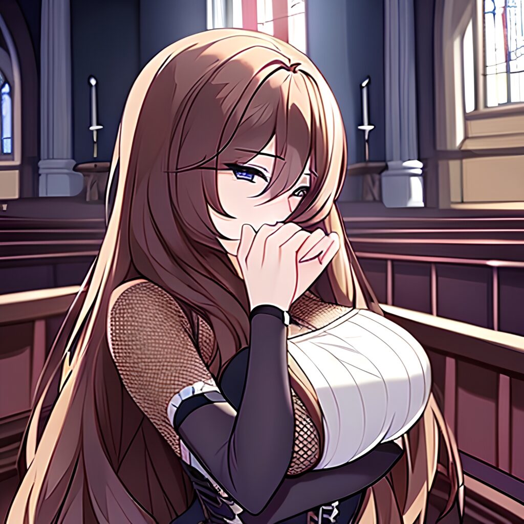 long hair woman messy hair fishnet brunette church