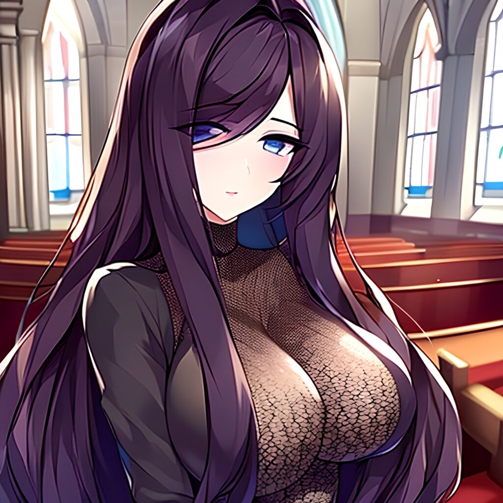 long hair woman messy hair fishnet brunette church