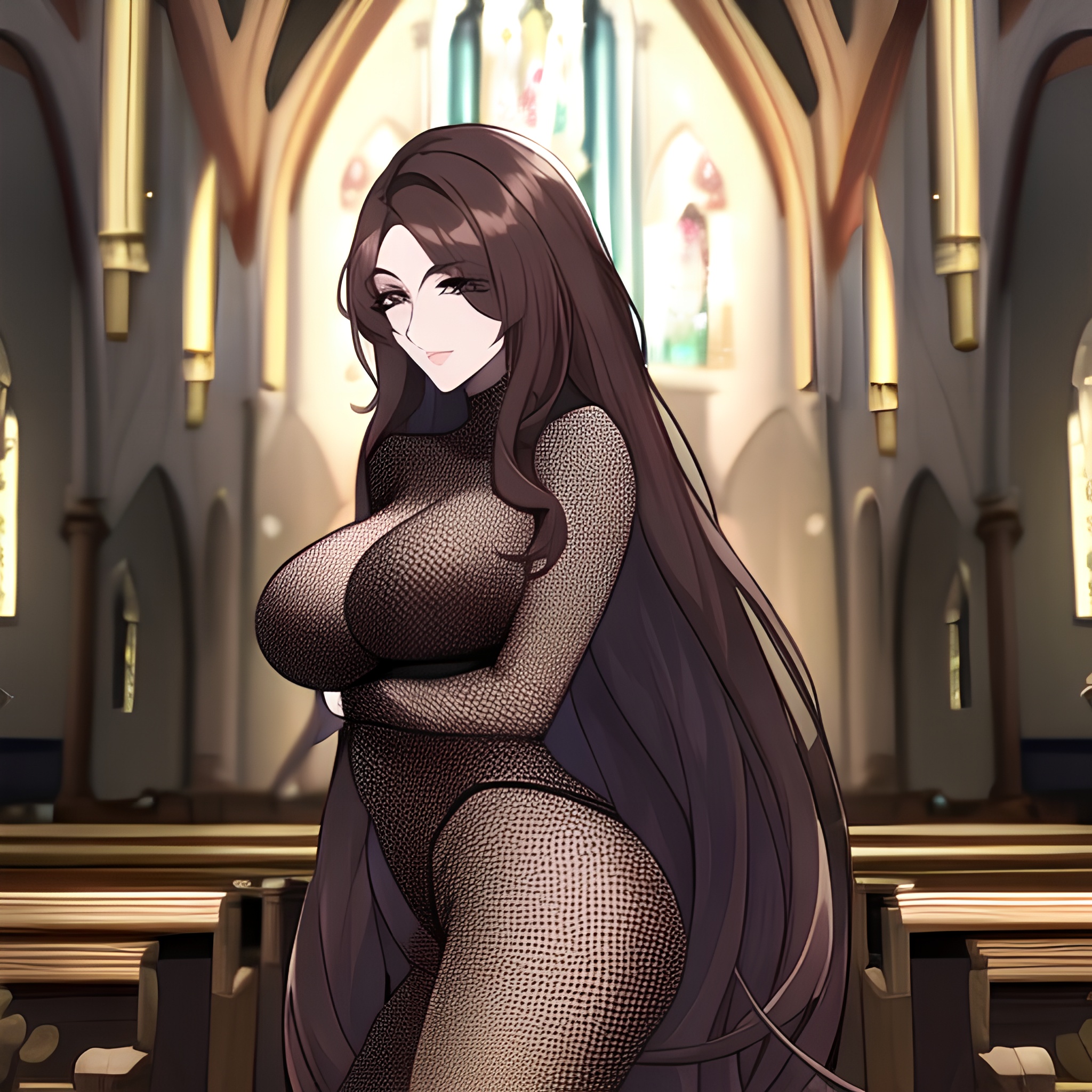 long hair woman messy hair fishnet brunette church 