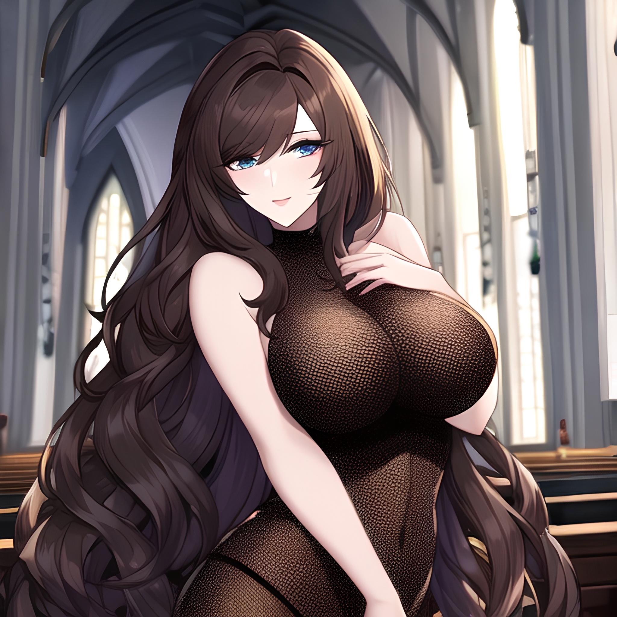 long hair woman messy hair fishnet church brunette 