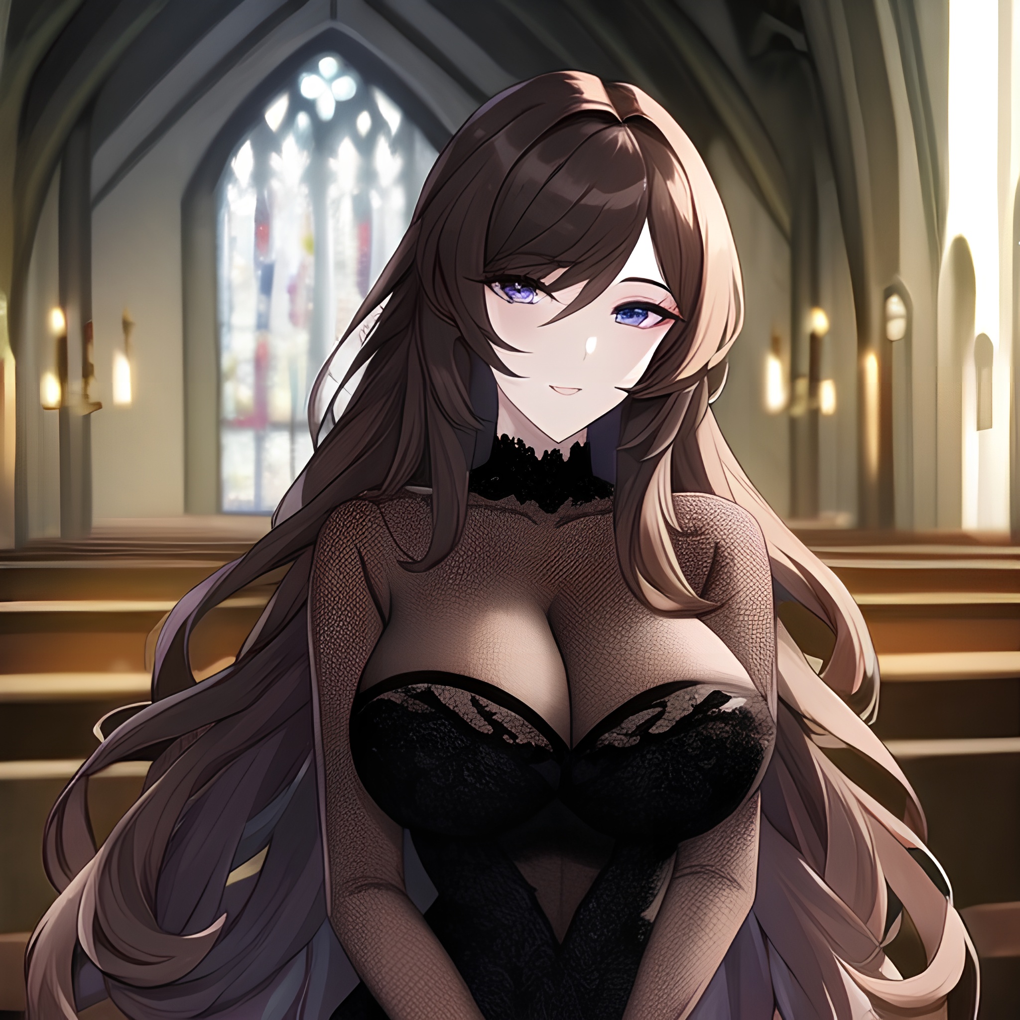 long hair woman messy hair fishnet church brunette