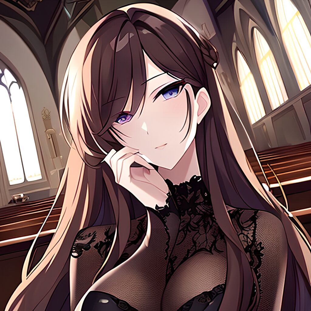 messy hair brunette church fishnet long hair woman 