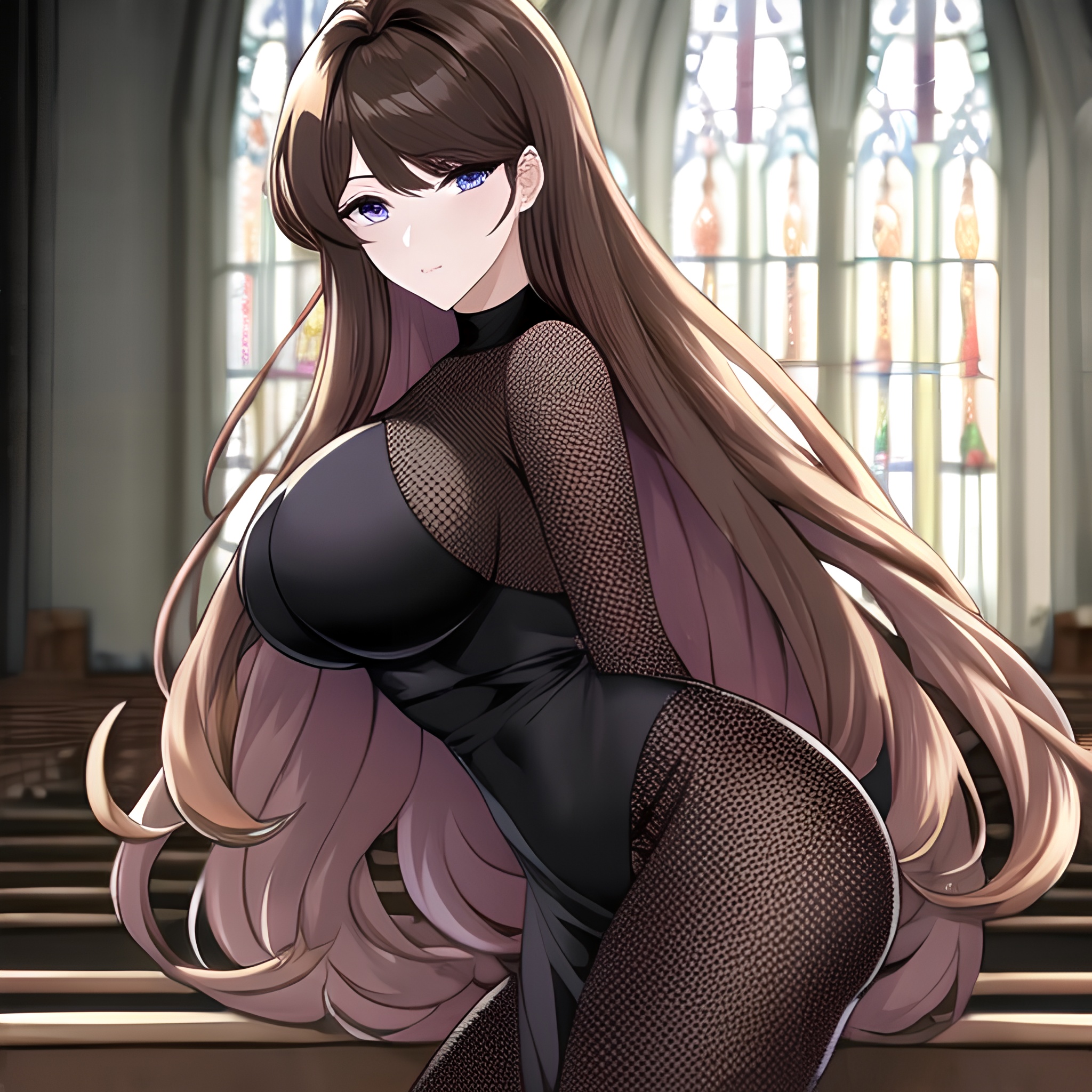 messy hair brunette church fishnet long hair woman