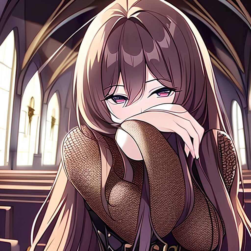 messy hair brunette church fishnet long hair woman 
