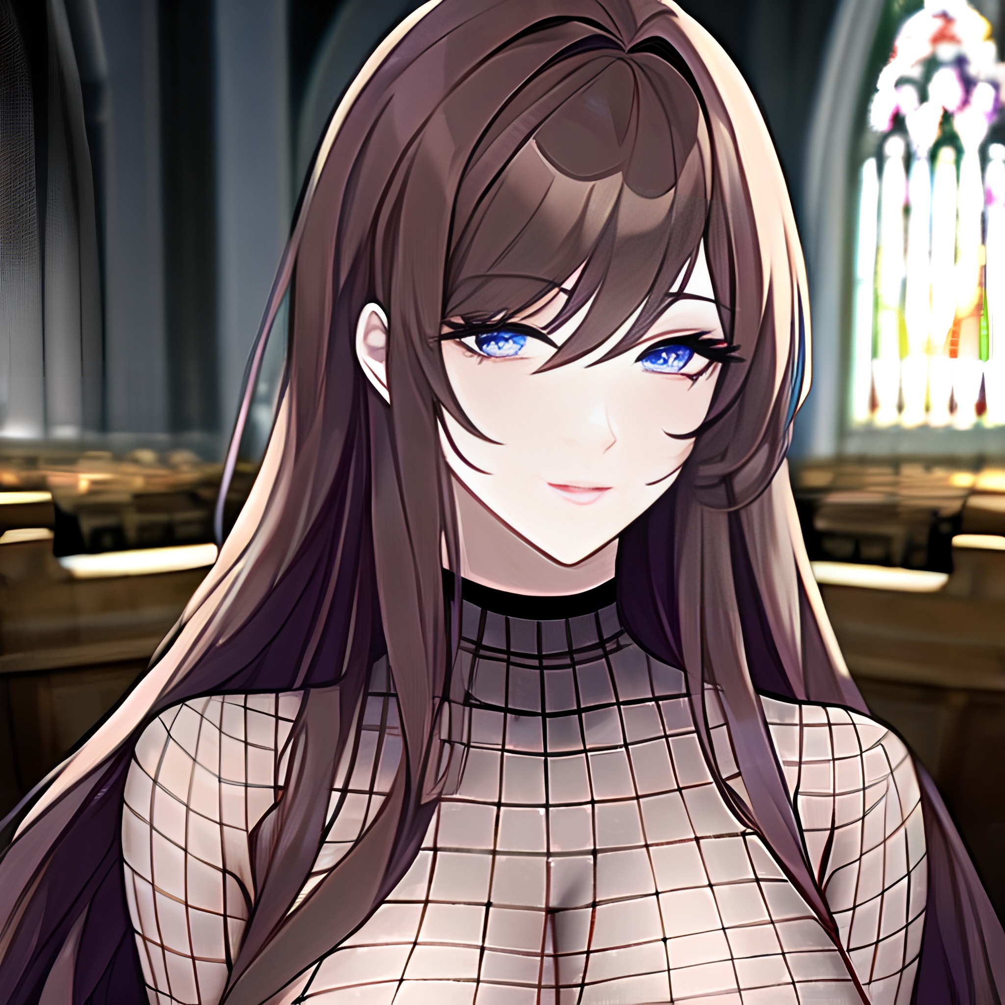 messy hair brunette church fishnet long hair woman 