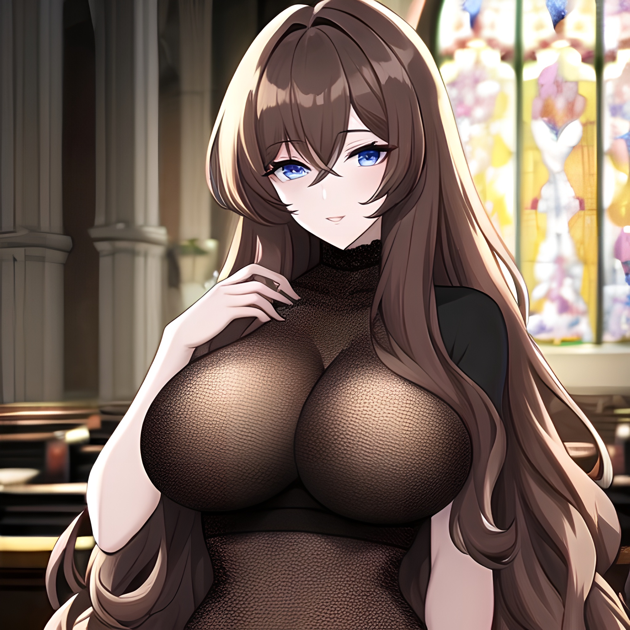 messy hair brunette church fishnet woman long hair 