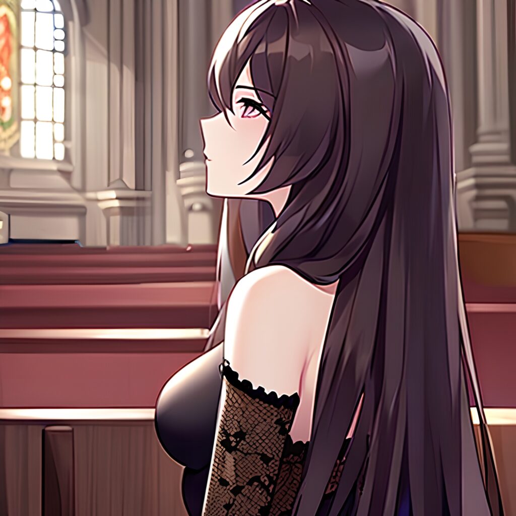 messy hair brunette church fishnet woman long hair 