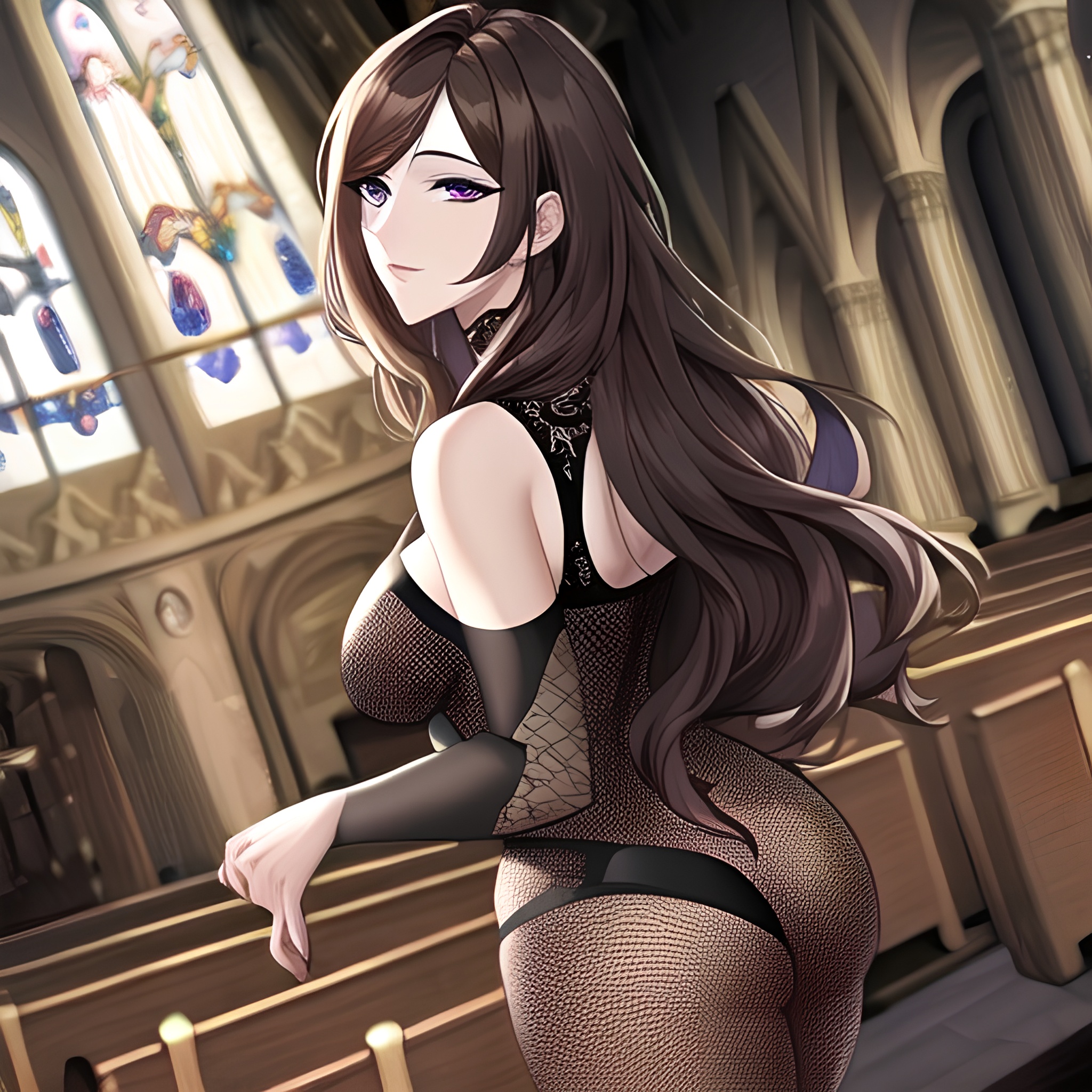 messy hair brunette church long hair fishnet woman