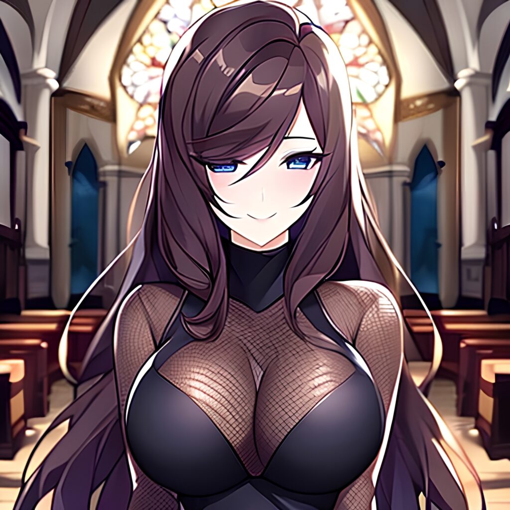messy hair brunette church long hair fishnet woman