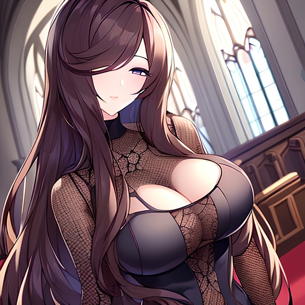 messy hair brunette church long hair fishnet woman