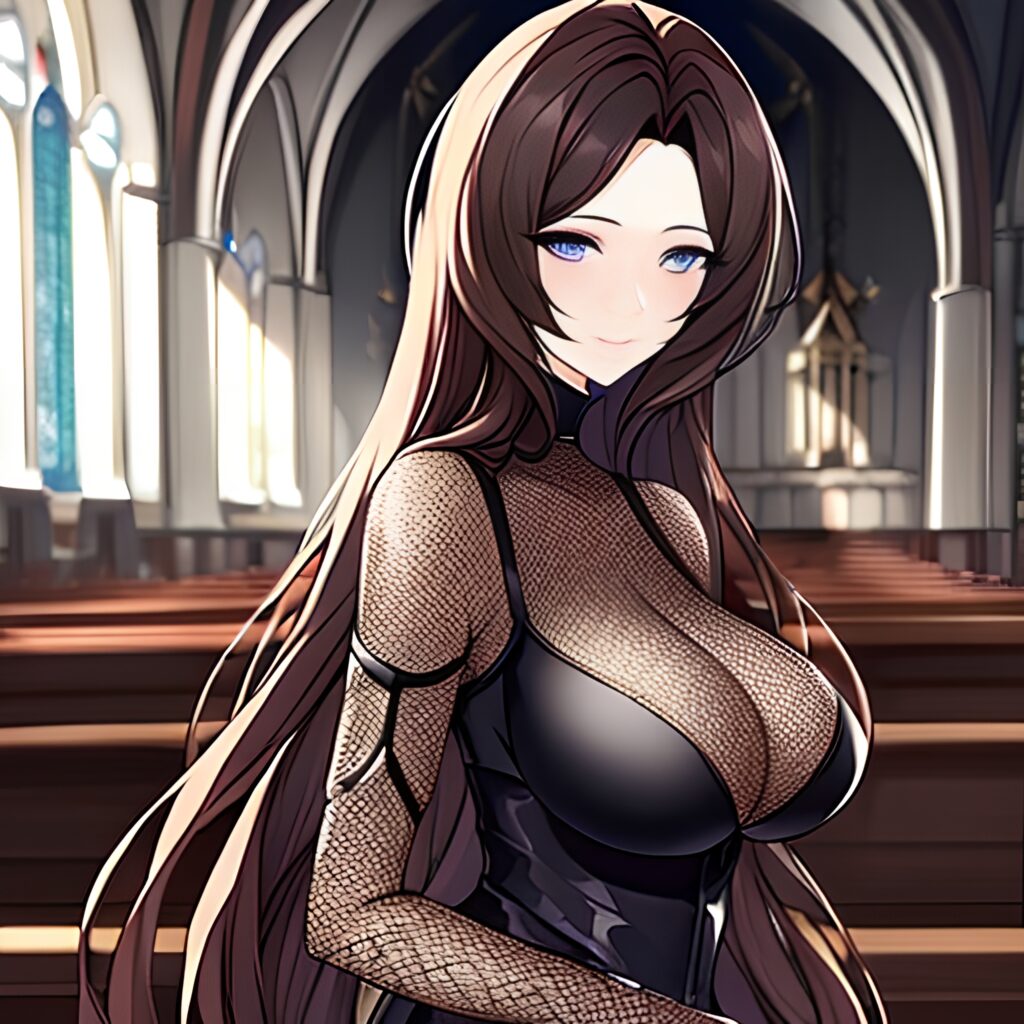 messy hair brunette church long hair woman fishnet