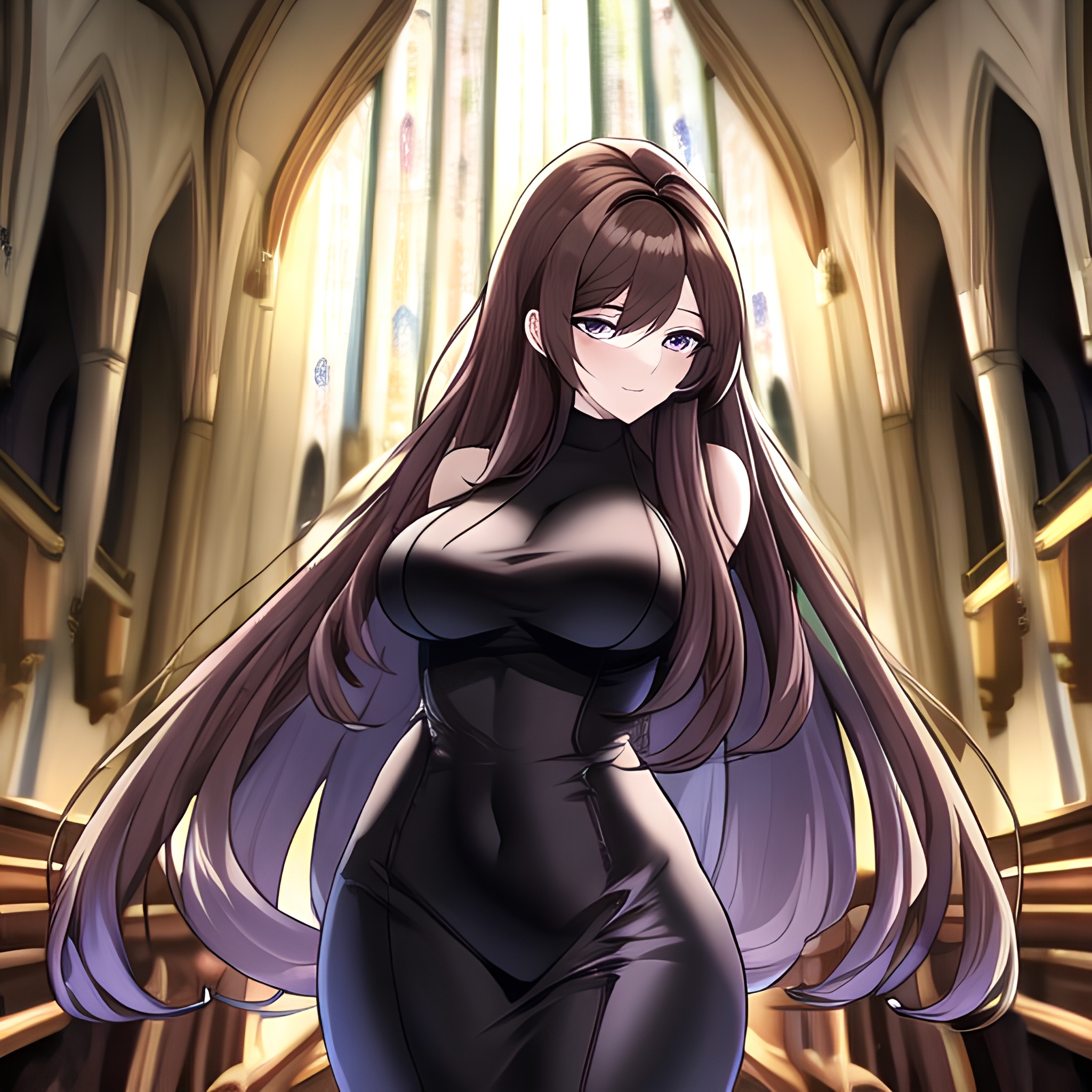 messy hair brunette church woman fishnet long hair 