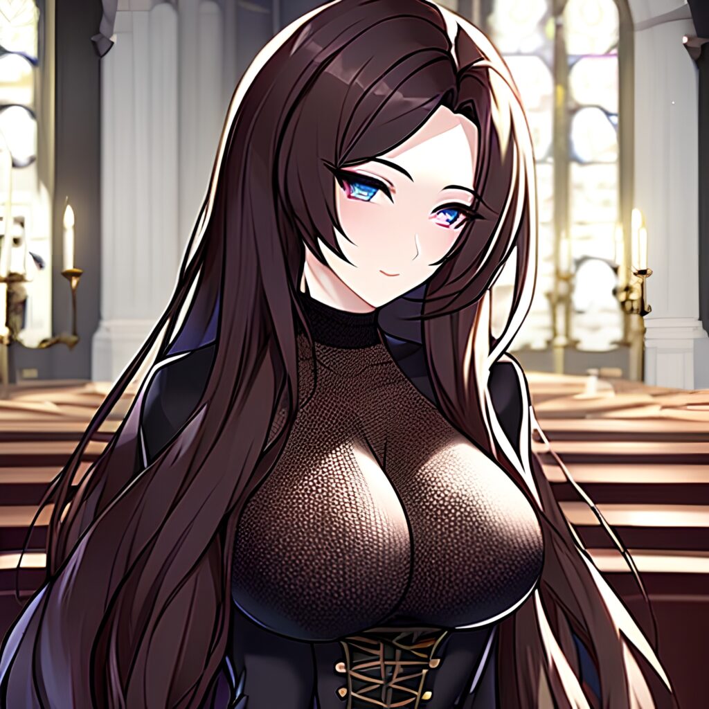 messy hair brunette church woman fishnet long hair