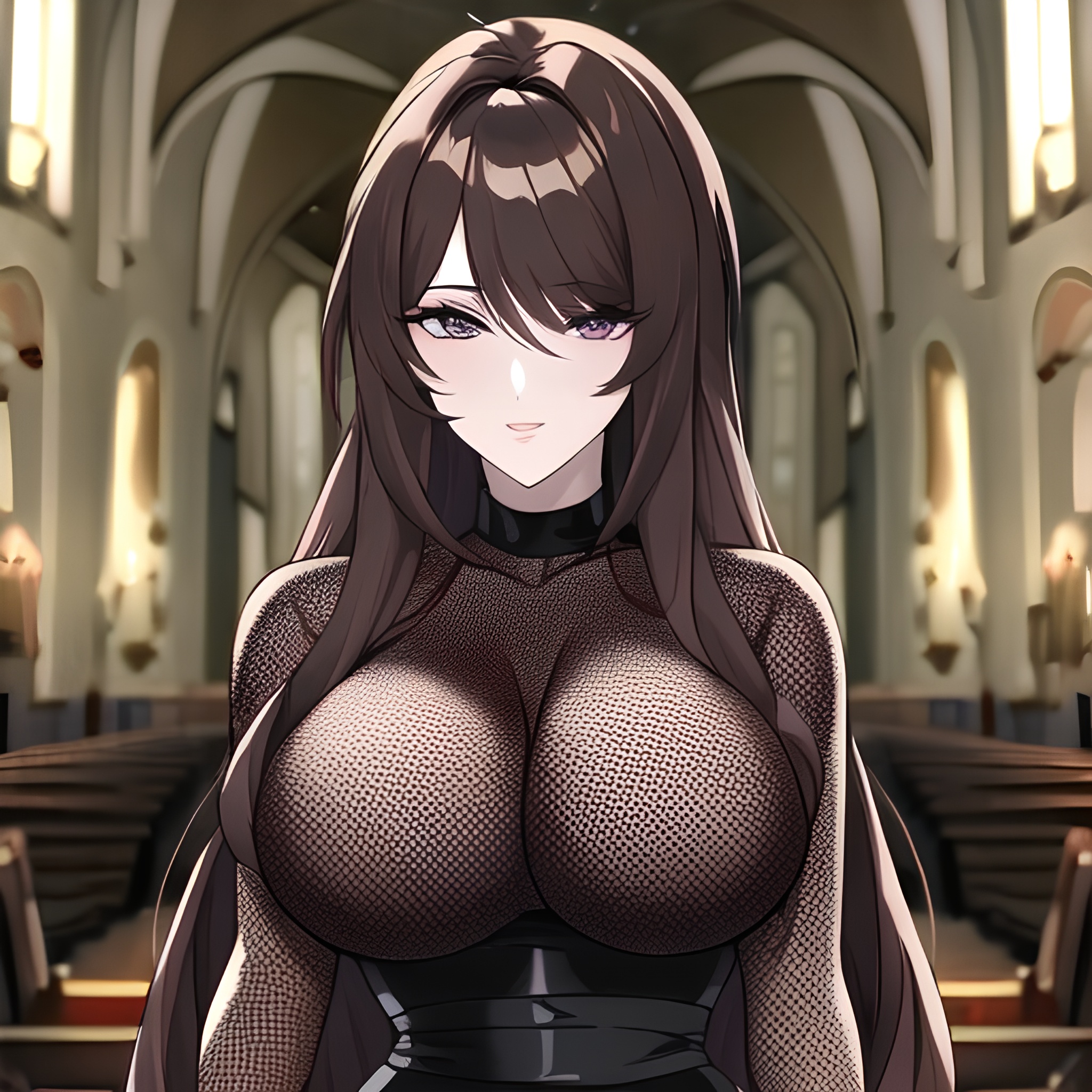 messy hair brunette church woman fishnet long hair