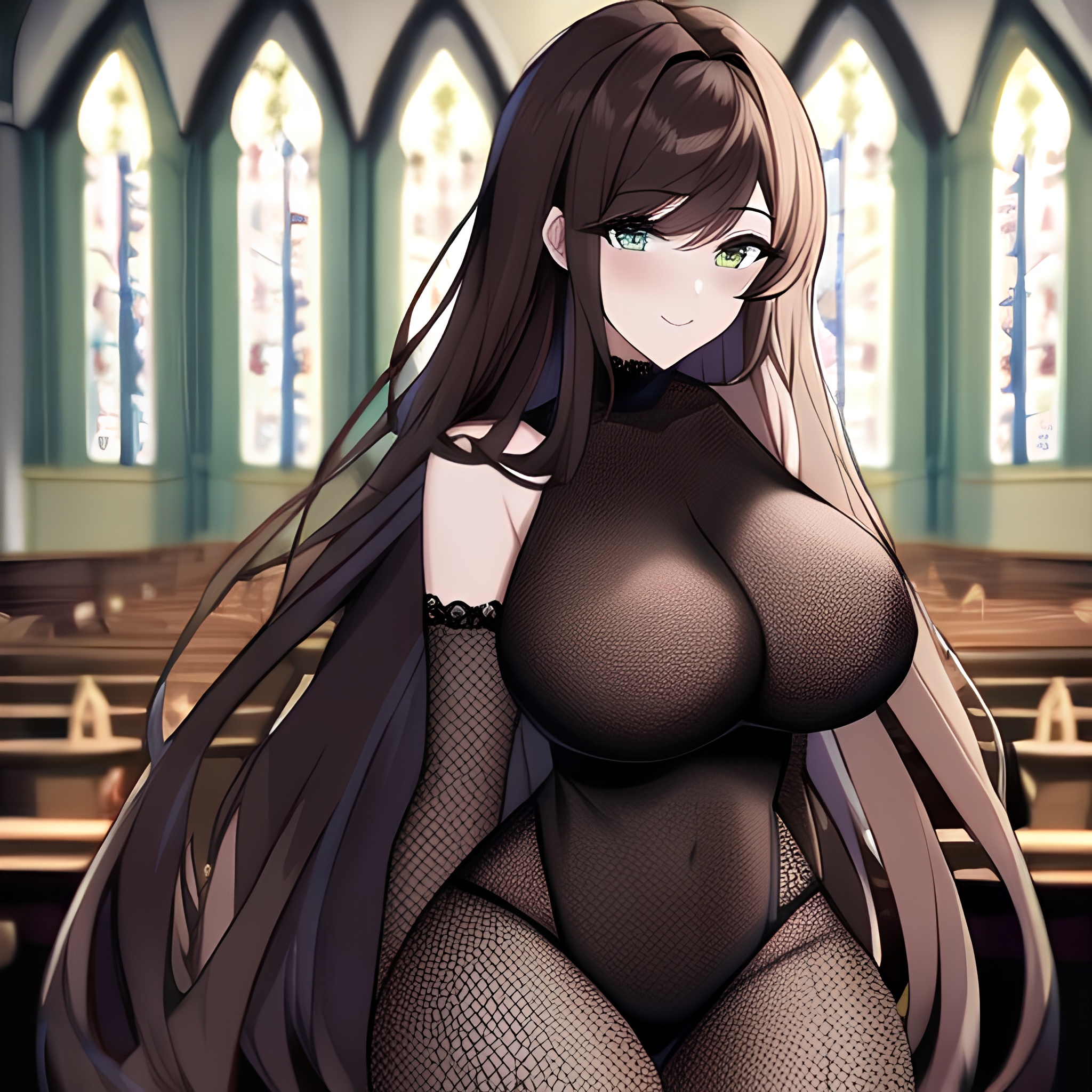 messy hair brunette church woman fishnet long hair 