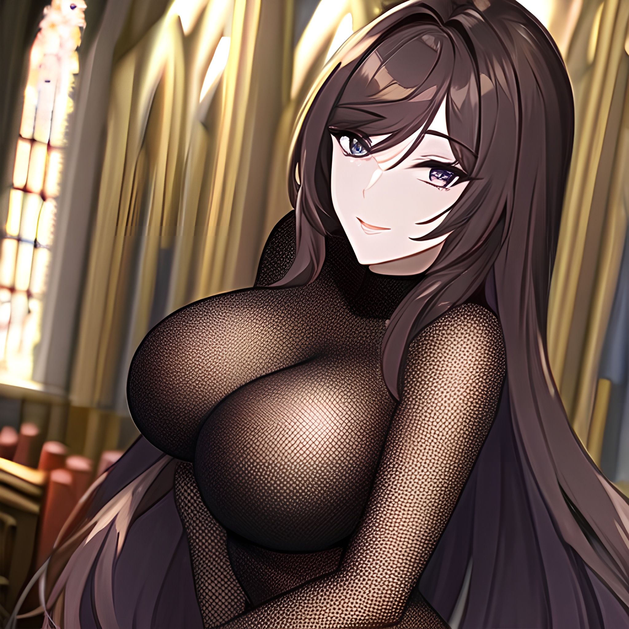 messy hair brunette church woman fishnet long hair