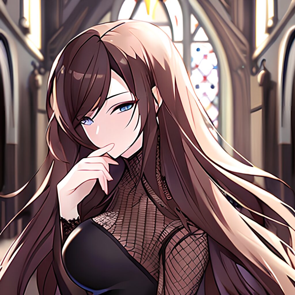 messy hair brunette church woman fishnet long hair