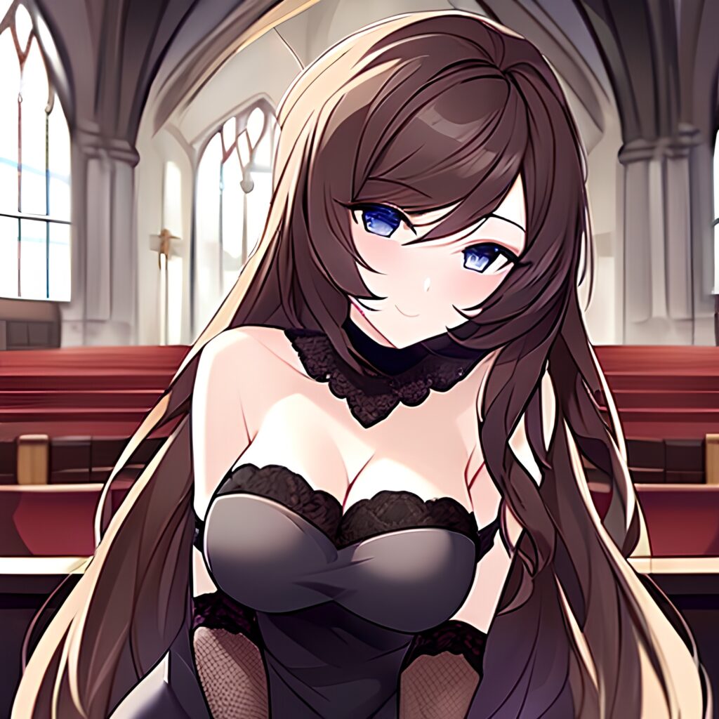 messy hair brunette church woman long hair fishnet 