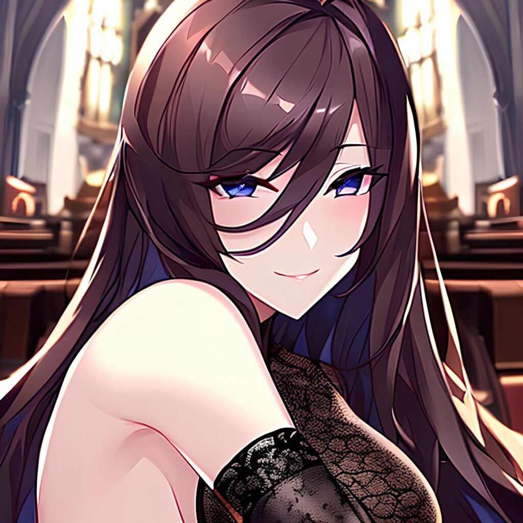 messy hair brunette church woman long hair fishnet
