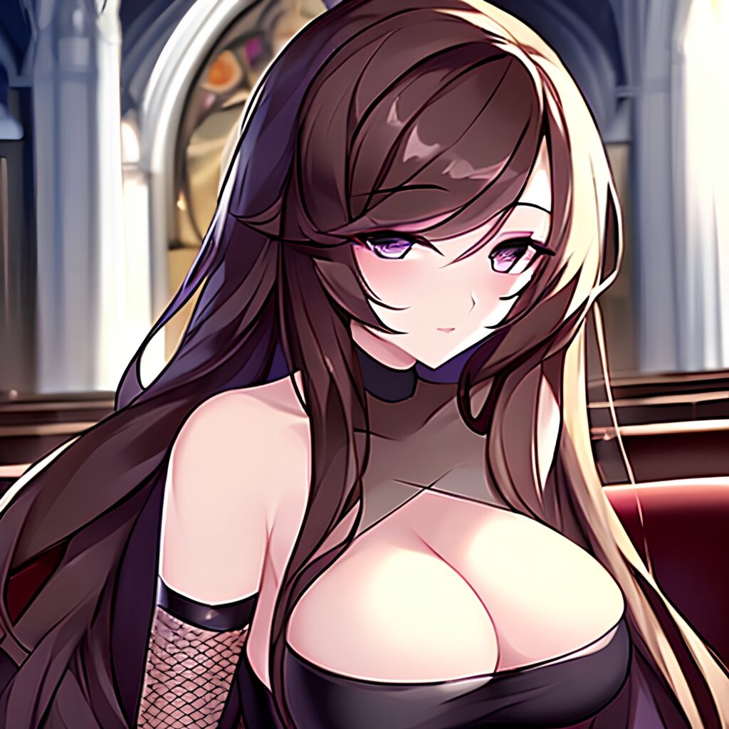 messy hair brunette church woman long hair fishnet 