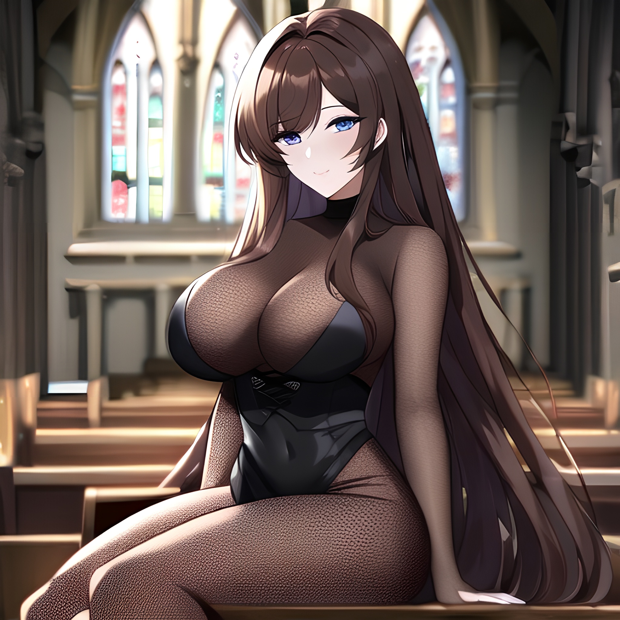 messy hair brunette fishnet church long hair woman 
