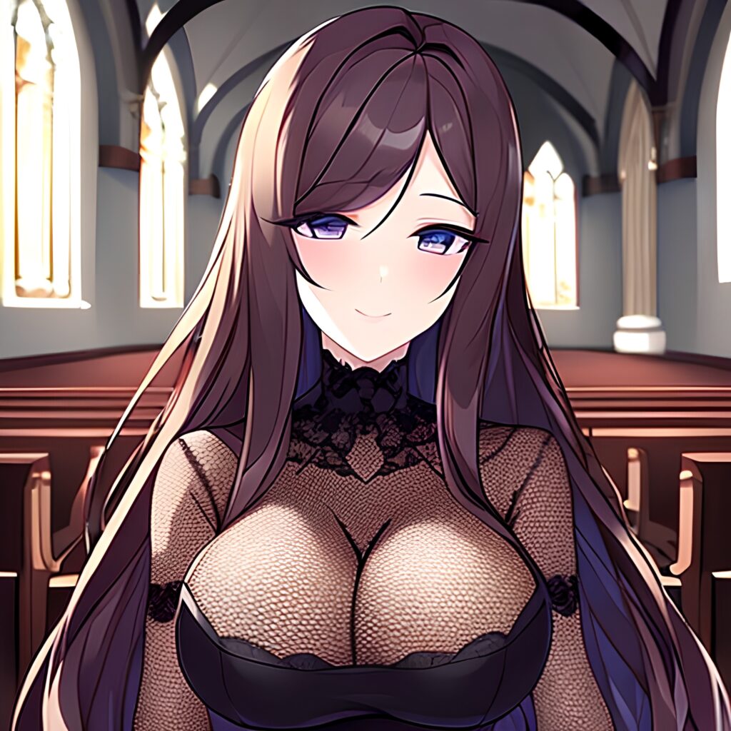 messy hair brunette fishnet church woman long hair 