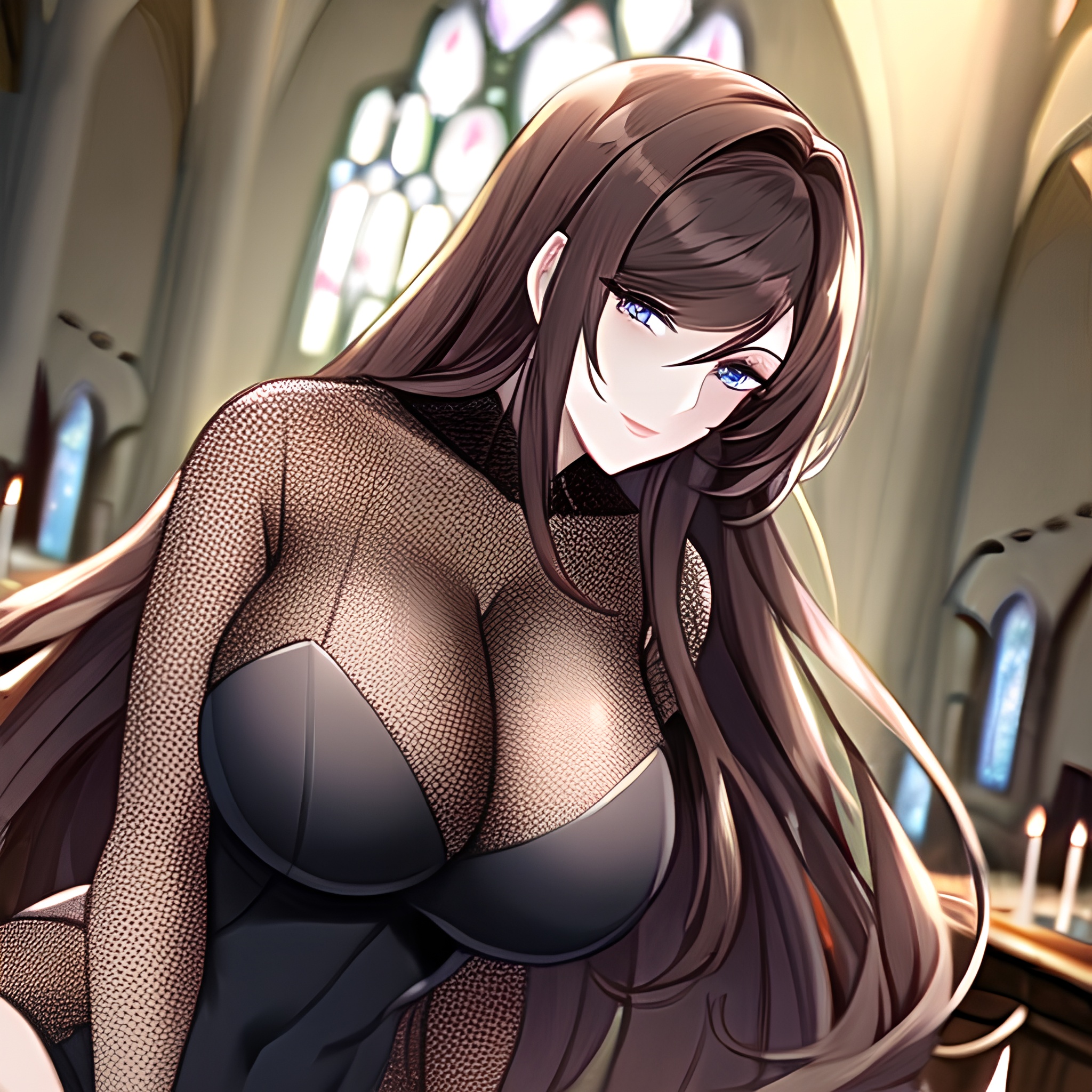 messy hair brunette fishnet church woman long hair