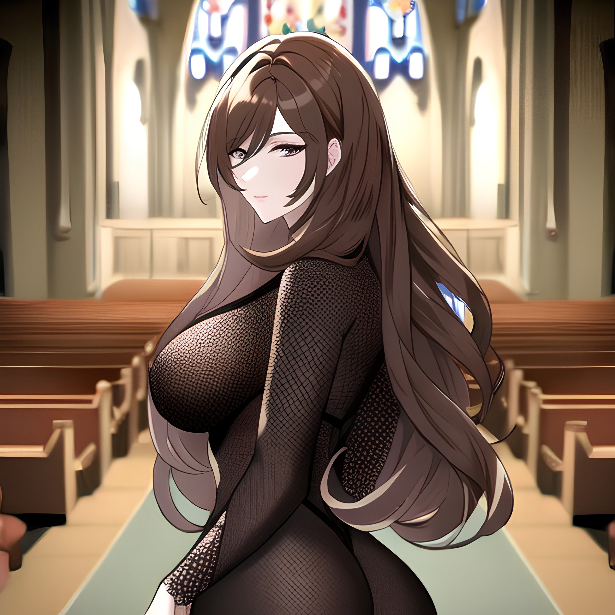 messy hair brunette fishnet church woman long hair 