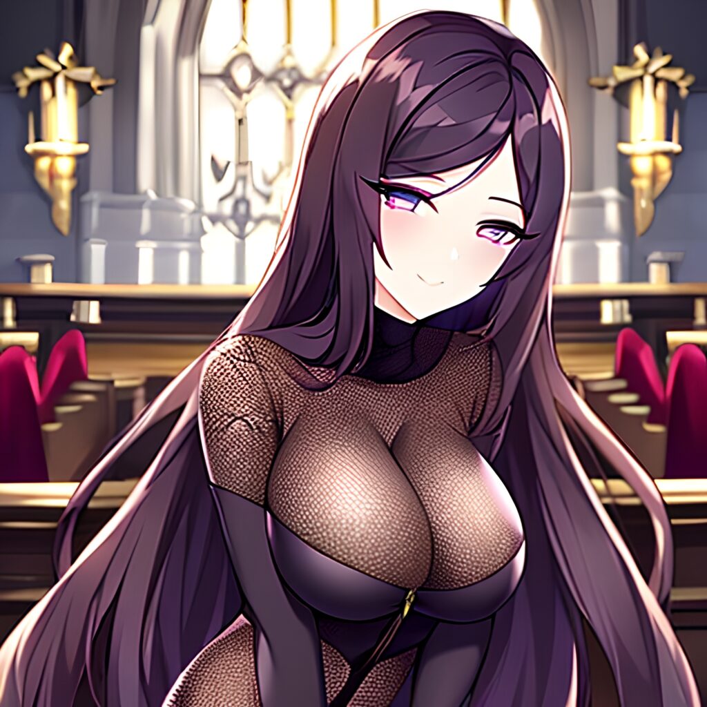 messy hair brunette fishnet church woman long hair