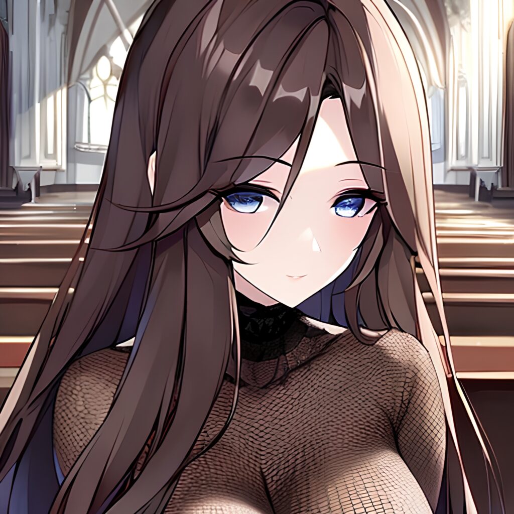 messy hair brunette fishnet long hair church woman
