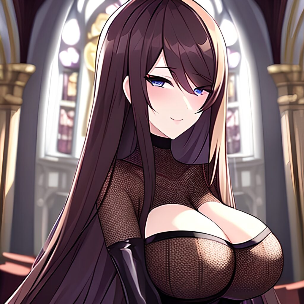 messy hair brunette fishnet long hair church woman 